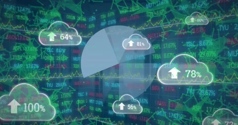 Animation of clouds with uploading globe and icons rotating over globe rotating Stock Footage 207795947