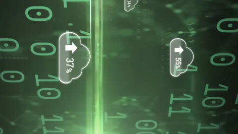 Animation of clouds with uploading over binary code on green background Stock Footage 312504078