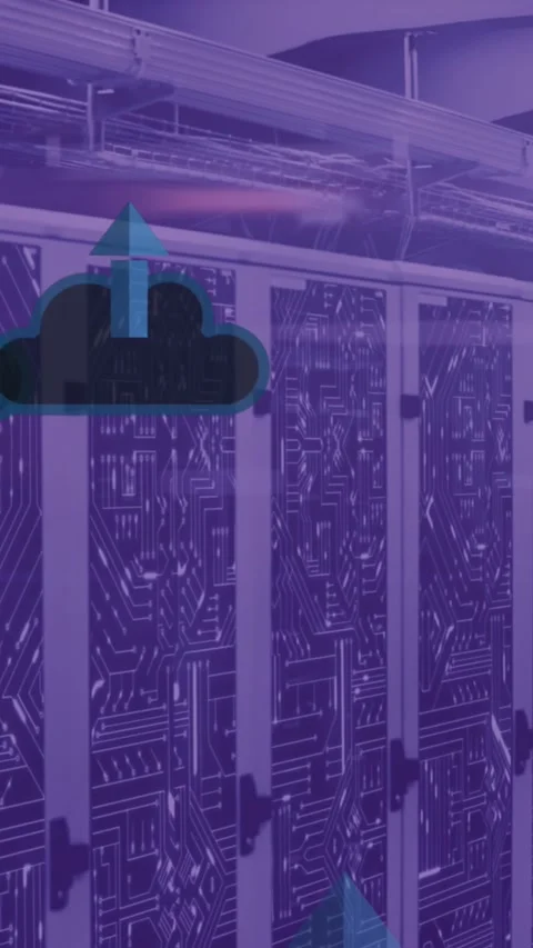 Animation of clouds with uploading over violet server room Stock Footage 343995876