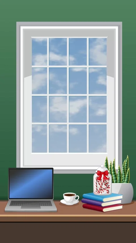 Animation of Cloudy Sky Drifting Outside Cozy Home Office Window Stock Footage 346435958