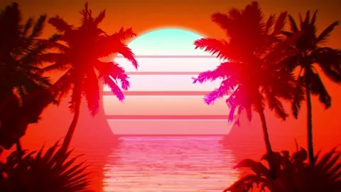 Animation coconut tree with neon light moon.  Stock Footage 205109063
