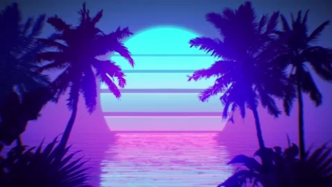 Animation coconut tree with neon light moon.  Stock Footage 205109099