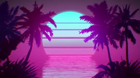 Animation coconut tree with neon light moon.  Stock Footage 205109117