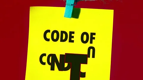 Animation of the CODE OF CONDUCT concept words on a yellow sticker on a red Stock-Footage 314946915