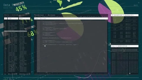 Animation of code in terminal window over abstract data visualization background Stock Footage 326103946