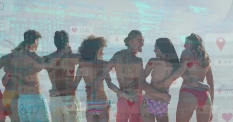 Animation of codes and notification icons over rear view of diverse friends Stock Footage 327844696