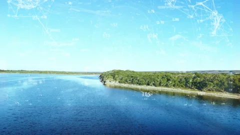 Animation of codes, graph and connecting dots moving over aerial view of island Video stock 316217852