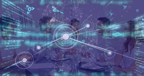 Animation of codes, icons and connecting dots over multiracial coworkers Stock Footage 328298899
