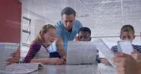 Animation of coding and graph over diverse male teacher explaining students over Stock Footage 329770531