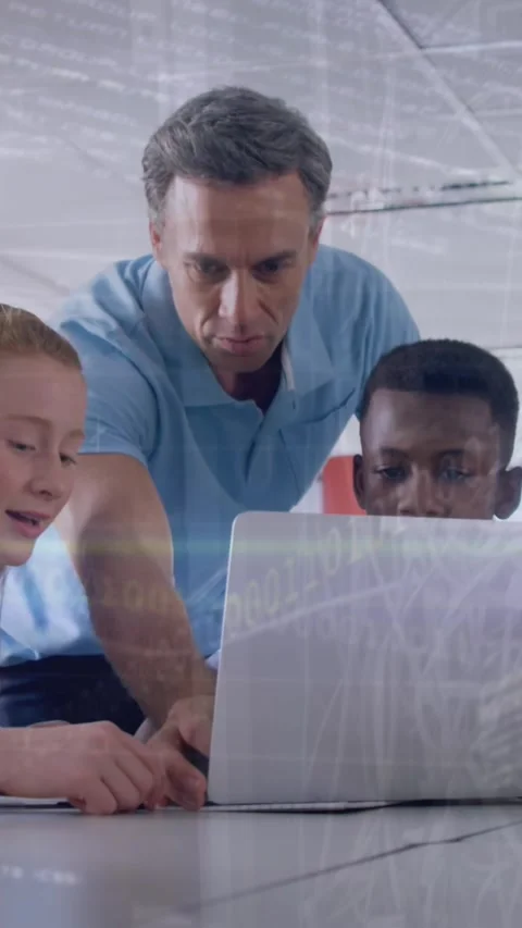 Animation of coding and graph over diverse male teacher explaining students over Vídeos de archivo 344402468