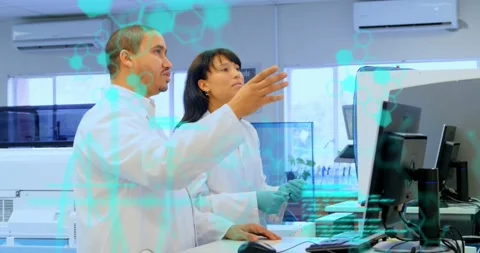 Animation of coding and molecule structure over diverse scientists discussing Stock Footage 247123742
