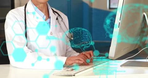 Animation of coding, brain, molecular structure, smiling caucasian scientist Stock Footage 247316578