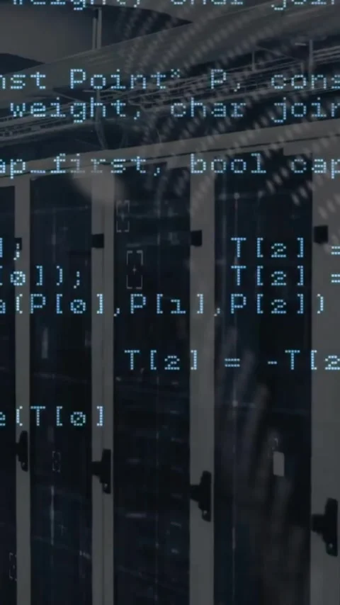 Animation of coding data processing over computer server room 스톡 동영상 343082894