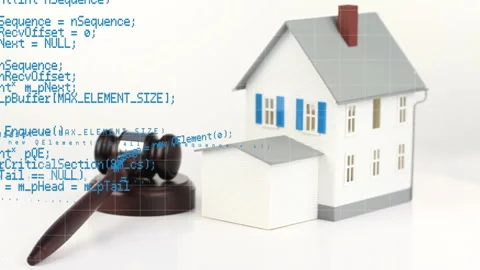 Animation of coding with gavel, key and house model rotating on digital 動画素材 316217945