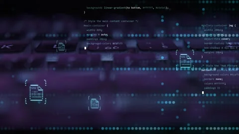 Animation of coding programming software code with file icons glowing with r Stock Footage 250471227