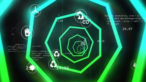 Animation of coding symbols and recycling icons in green and blue geometric Stock Footage 329989589