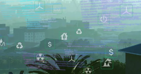 Animation of coding symbols overlaying urban landscape with palm trees in Video stock 306268203
