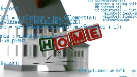 Animation of coding with wooden home text, graph, house model on digital Stock Footage 203889567