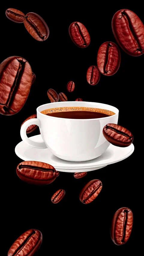 Animation of coffee beans flying on black background, appearance of white c.. Stock Footage 295205957