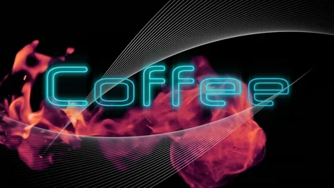 Animation of coffee text in blue neon with white parallel line curves and fire Stock Footage 165162234