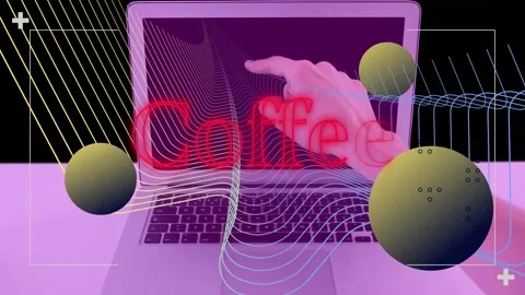 Animation of coffee text in red neon, spheres and parallel lines over hand Stock Footage 165162212