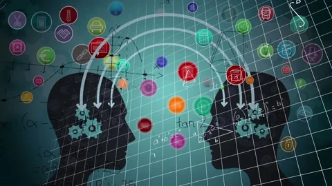 Animation of cogs and icons over human head silhouette with mathematical Stock-Footage 330728496