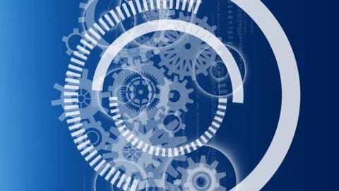 Animation of cogs and scope scanning over blue background Stock Footage 312300282