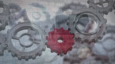 Animation of cogs moving and binary coding over man wearing vr headset Stock Footage 157193049