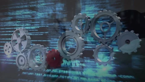Animation of cogs moving and data processing over man wearing vr headset Stock Footage 157193070