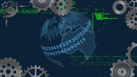 Animation of cogs moving and globe over data processing on blue background Stock Footage 327123642