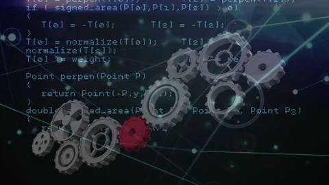 Animation of cogs moving with networks over data processing Stock Footage 327002517