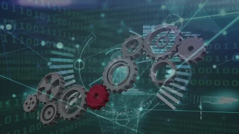 Animation of cogs moving with networks over binary coding data processing Stock Footage 327643909