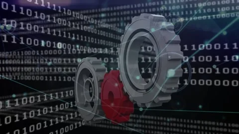 Animation of cogs moving with networks over binary coding data processing Stock Footage 329361307