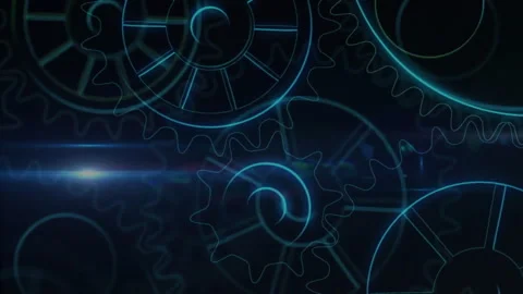 Animation of cogs moving over light spot on black background Stock Footage 260968637