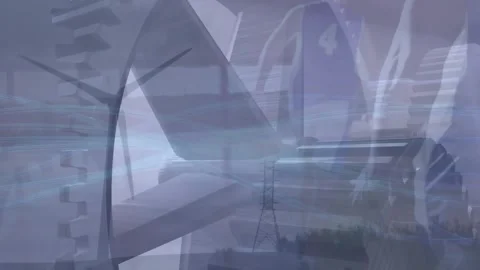 Animation of cogs over diverse basketball players and wind turbine Stock Footage 325836799