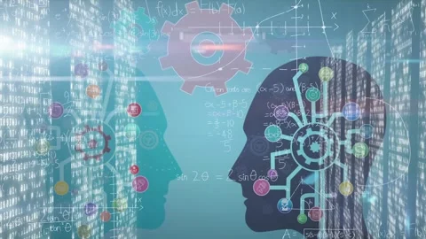 Animation of cogs over human head silhouette and moving columns with Stock Footage 327901786