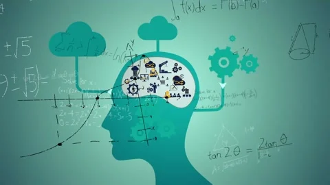 Animation of cogs over human head silhouette and icons with mathematical Stock Footage 329032940