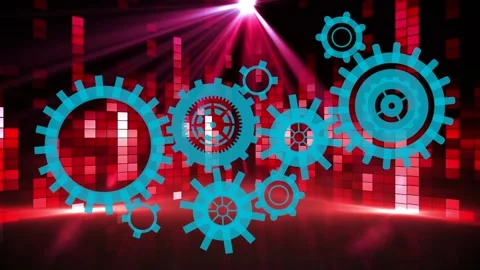 Animation of cogs over light trails and moving columns on black background Stock Footage 328087192