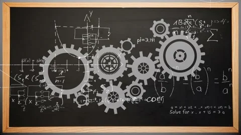 Animation of cogs over math formulas and graphs over blackboard Stock Footage 326759955