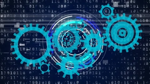 Animation of cogs rotating over binary code on navy background Stock Footage 329691602