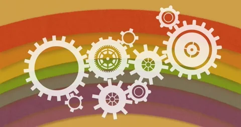 Animation of cogs spinning over pattern moving on seamless loop on orange Stock Footage 246588200