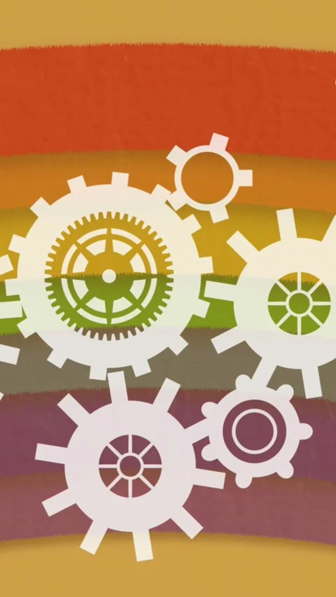 Animation of cogs spinning over pattern moving on seamless loop on orange Stock-Footage 343996572
