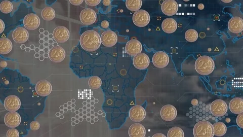 Animation of coins blinking over world map and icons Video stock 330590763