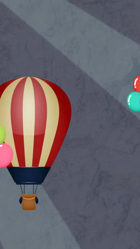 Animation of colorful balloons flying with clouds and hot air balloon over grey Stock Footage 342136469