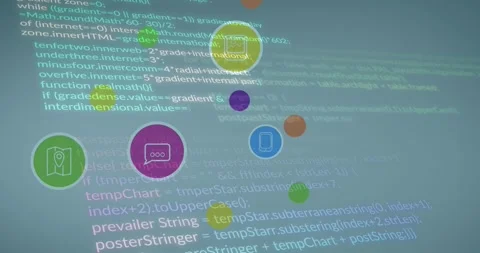Animation of colorful computer icons over computer programming language 動画素材 328974170