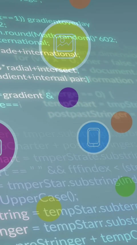 Animation of colorful computer icons over computer programming language Stock Footage 344635708