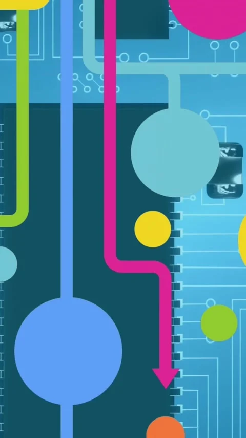 Animation of colorful connecting dots over circuit board in seamless pattern on Stock Footage 341976689