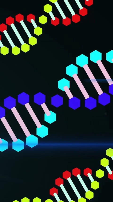 Animation of colorful DNA strands with hexagonal patterns on dark background Stock Footage 344285091