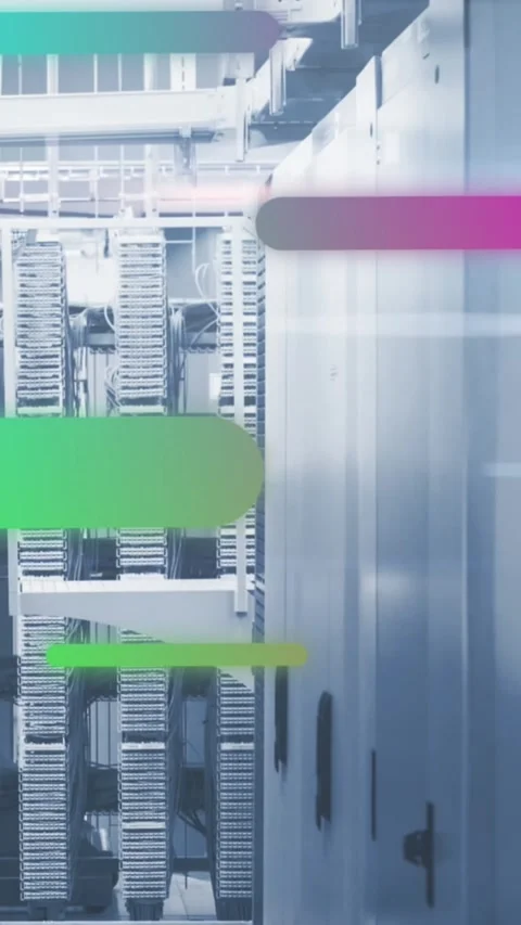 Animation of colorful gradient light trails moving over computer server room 库存影片 342915331