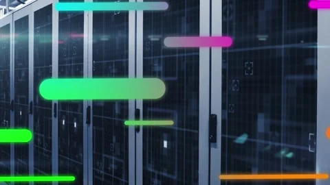 Animation of colorful light trails moving against computer server room Vídeos de archivo 329710484